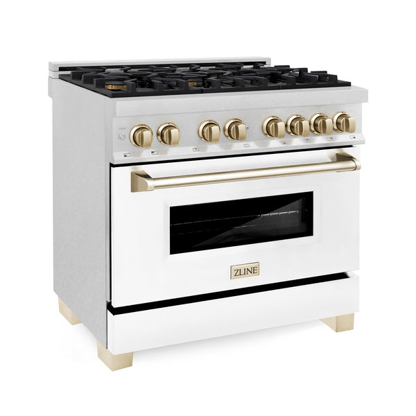 ZLINE Autograph Edition 36" Dual Fuel Range with Gas Stove and Electric Oven - DuraSnow Stainless with Matte White Door and Accents