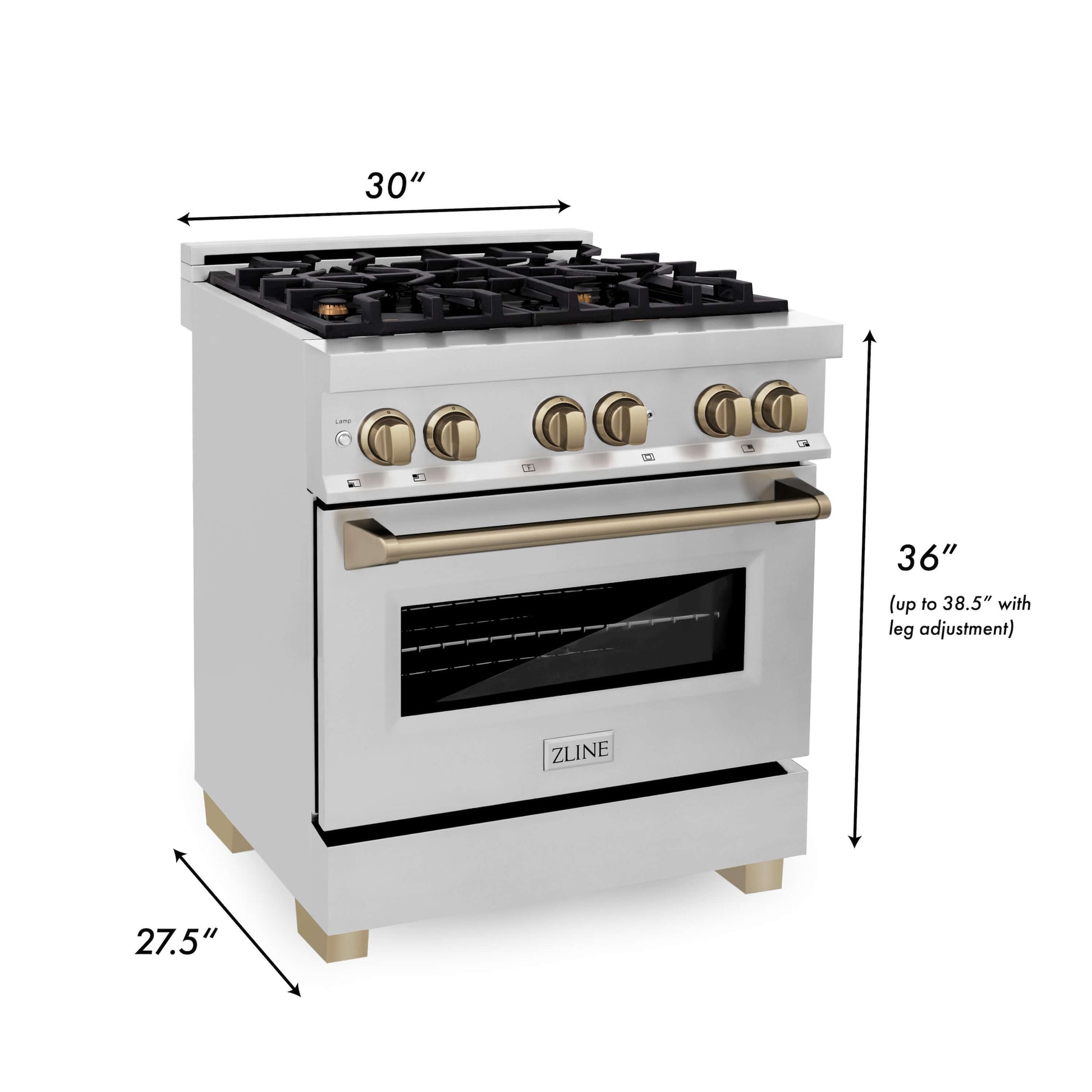 ZLINE 4-Appliance 30" Autograph Edition Kitchen Package with Stainless Steel Dual Fuel Range, Range Hood, Dishwasher, and Refrigeration with Champagne Bronze Accents