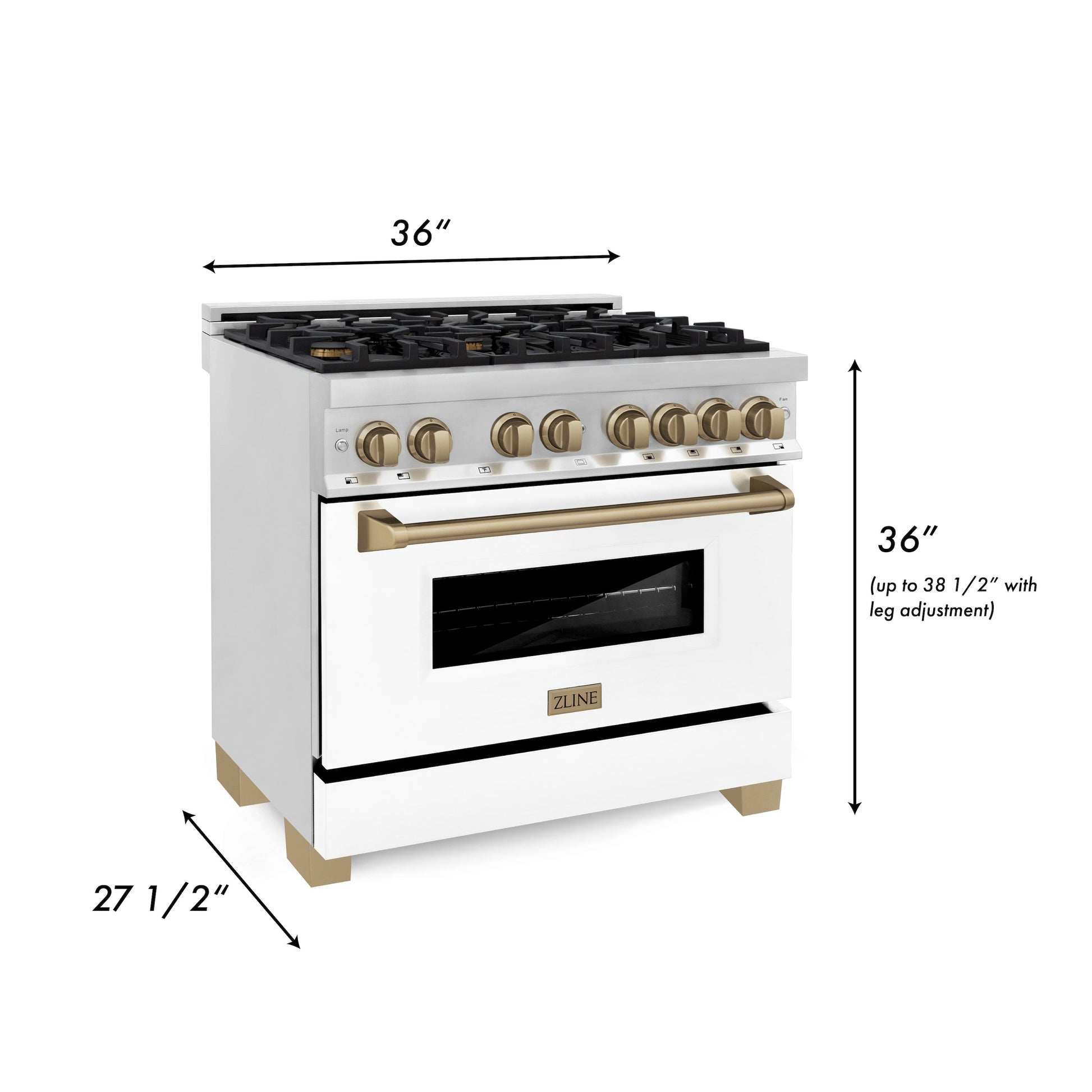ZLINE 3-Appliance 36" Autograph Edition Kitchen Package with Stainless Steel Dual Fuel Range with White Matte Door, Range Hood, and Dishwasher with Champagne Bronze Accents