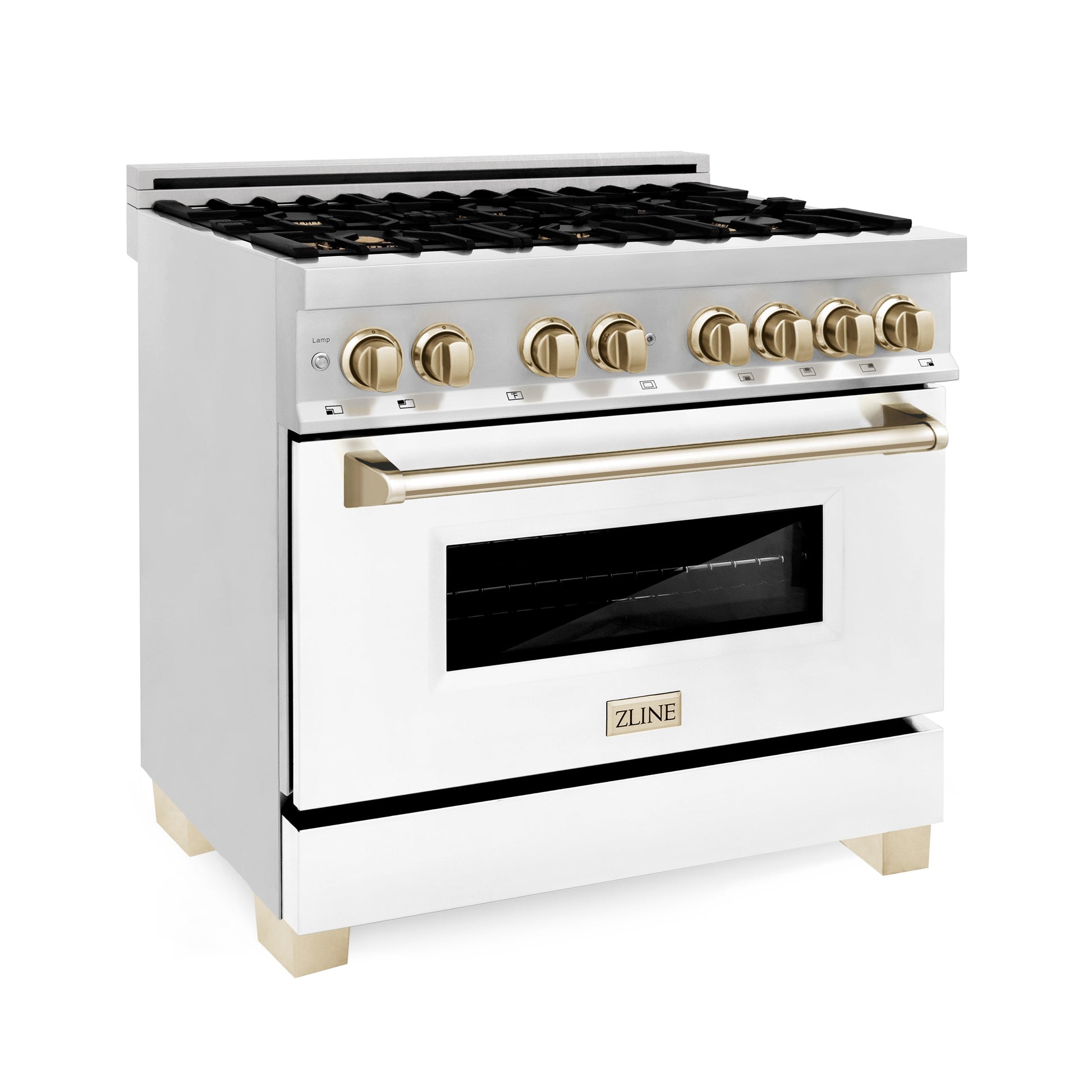 ZLINE 3-Appliance 36" Autograph Edition Kitchen Package with Stainless Steel Dual Fuel Range with White Matte Door, Range Hood, and Dishwasher with Polished Gold Accents