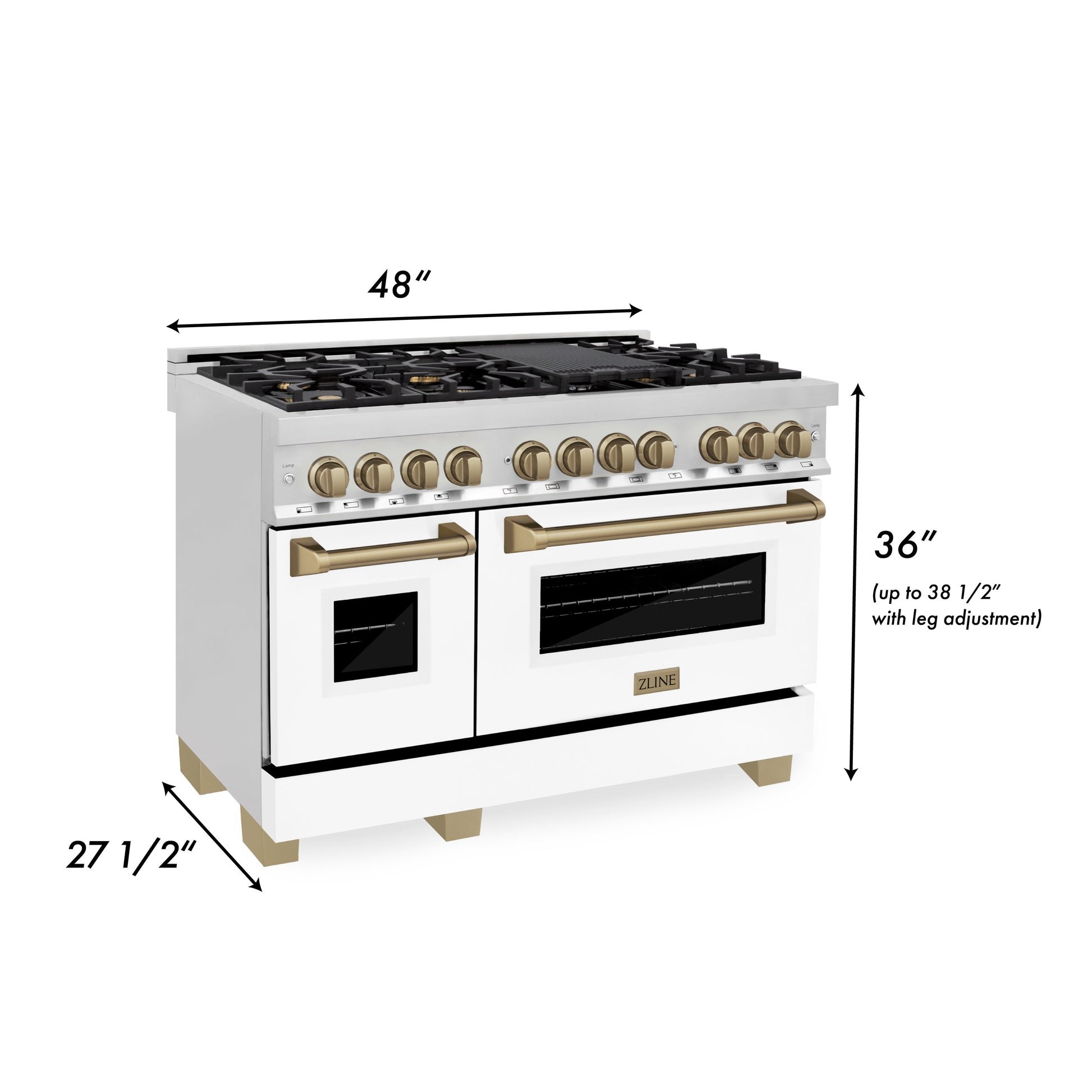 ZLINE 3-Appliance 48" Autograph Edition Kitchen Package with Stainless Steel Dual Fuel Range with White Matte Door, Range Hood, and Dishwasher with Champagne Bronze Accents