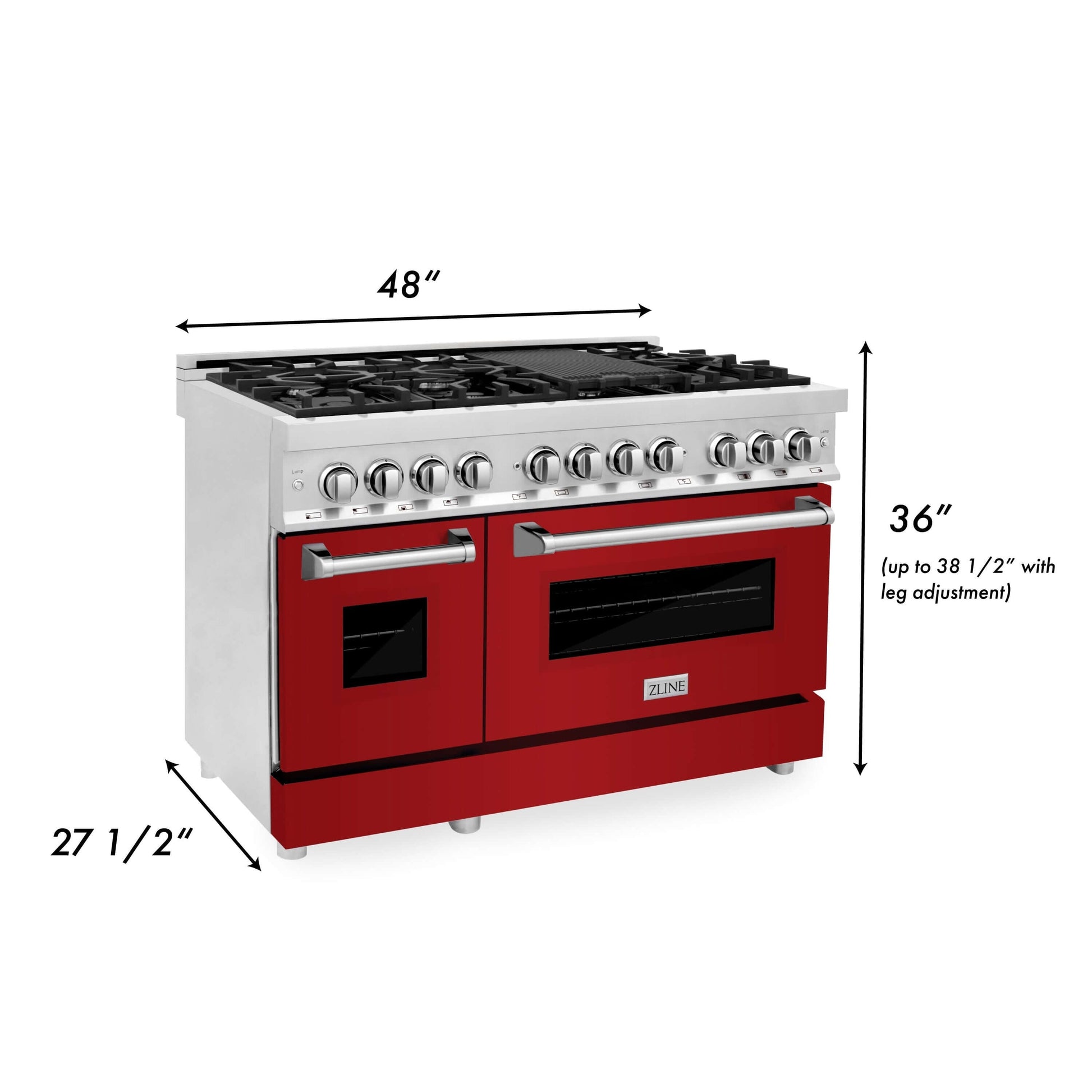 ZLINE 2-Appliance 48" Kitchen Package with Stainless Steel Dual Fuel Range with Glossy Red Door and Convertible Vent Range Hood