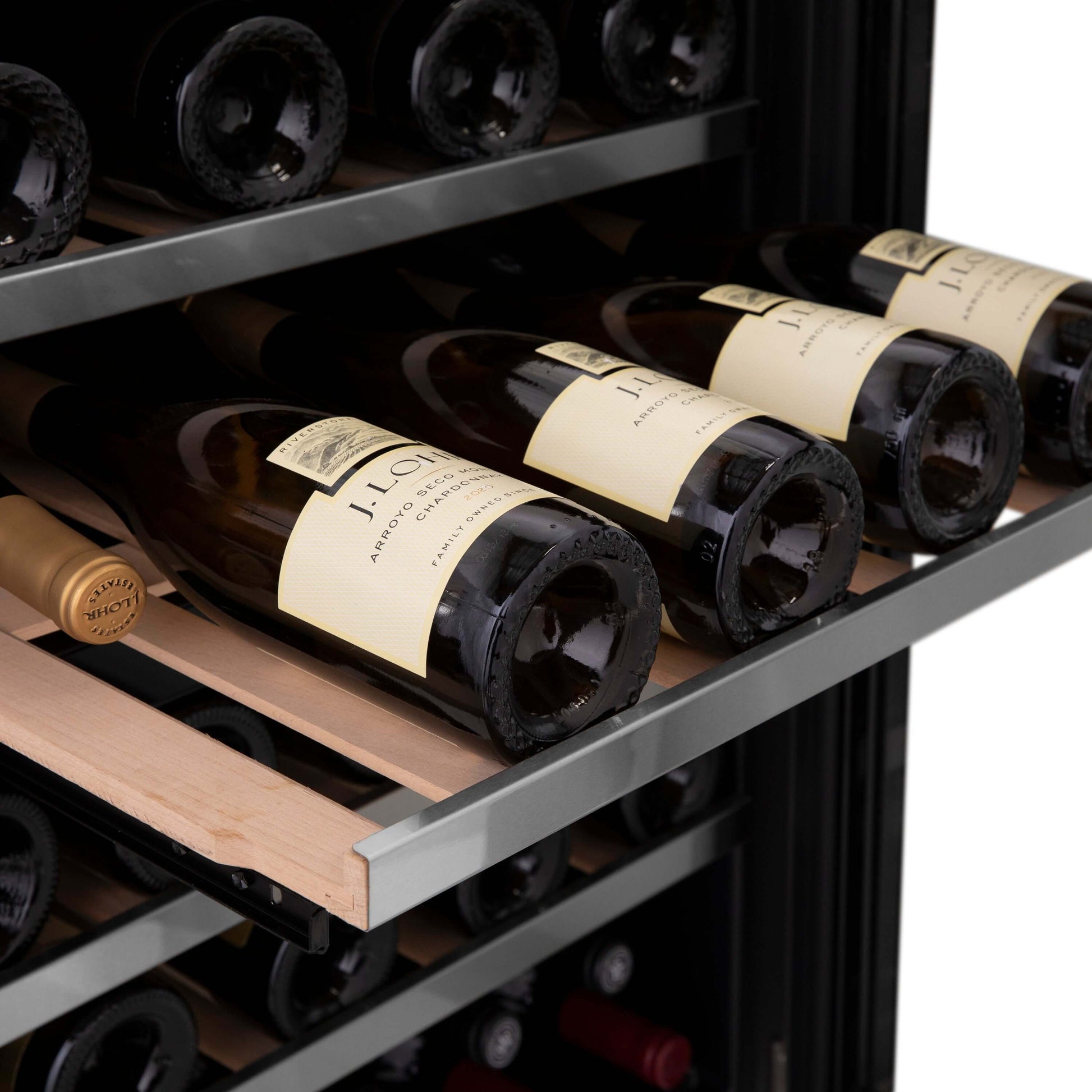 ZLINE 24" Monument Dual Zone 44 Bottle Wine Cooler - Stainless Steel with Wood Shelf