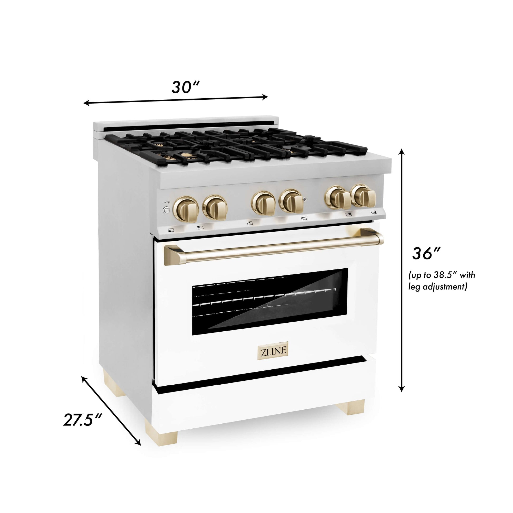 ZLINE 3-Appliance 30" Autograph Edition Kitchen Package with Stainless Steel Dual Fuel Range with Matte White Door, Range Hood, and Dishwasher with Polished Gold Accents