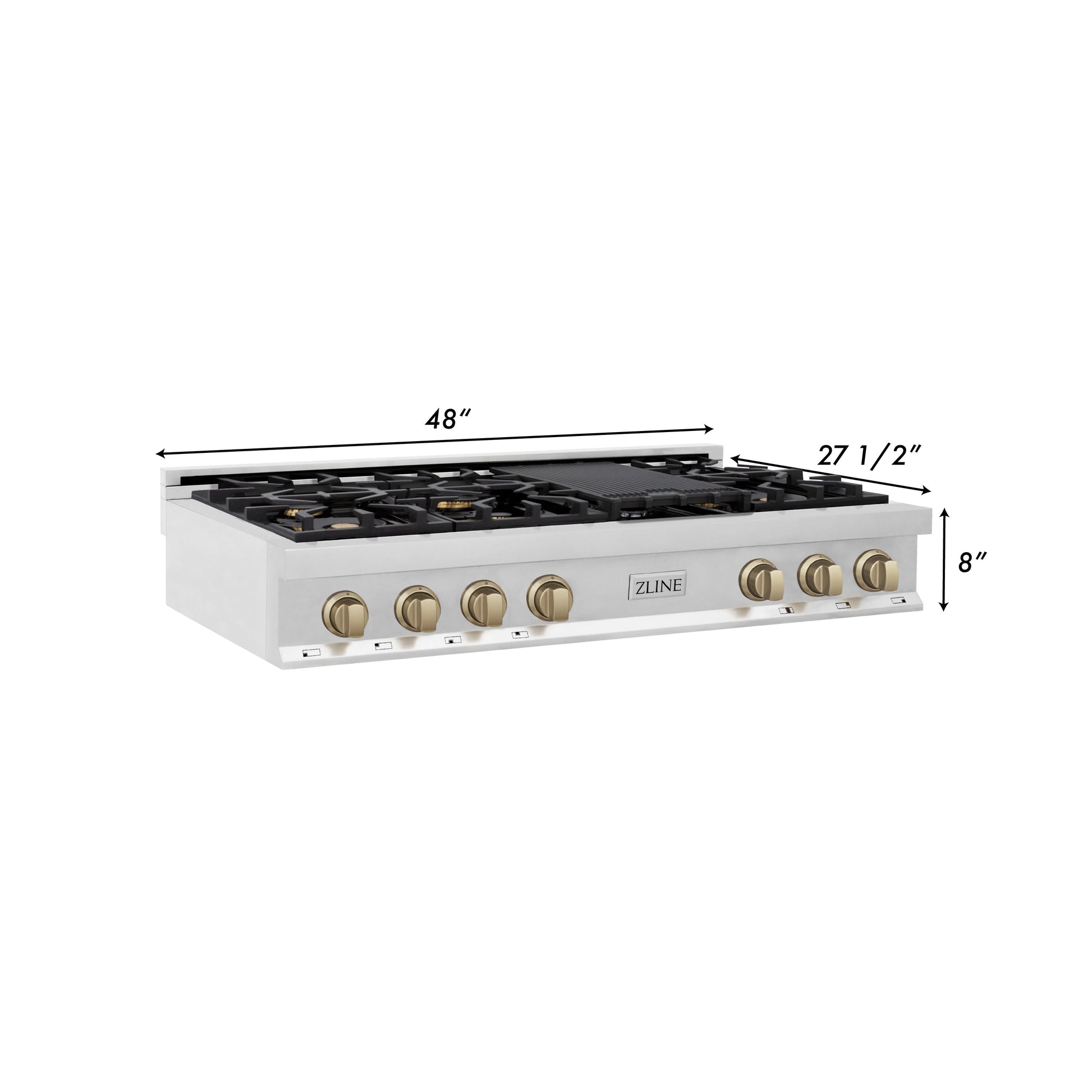 ZLINE Autograph Edition 48" Porcelain Rangetop with 7 Gas Burners - Stainless Steel with Accents