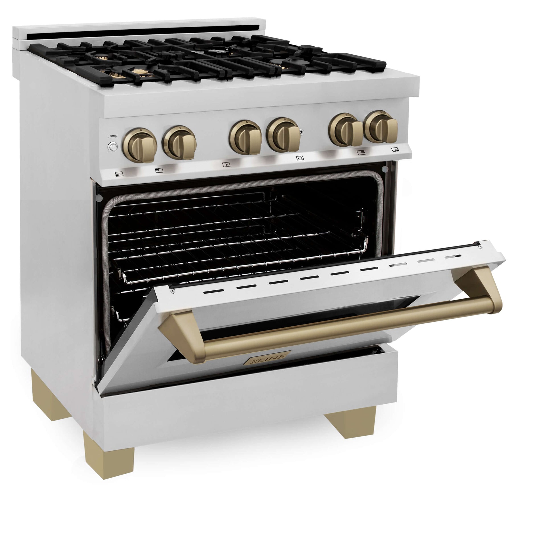 ZLINE 4-Appliance 30" Autograph Edition Kitchen Package with Stainless Steel Dual Fuel Range, Range Hood, Dishwasher, and Refrigeration with Champagne Bronze Accents