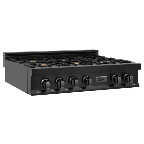 ZLINE 36" Porcelain Gas Stovetop - 6 Gas Brass Burners in Black Stainless Steel