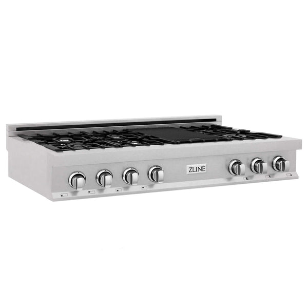 ZLINE 48" Porcelain 7 Gas Burner Stovetop and Griddle - DuraSnow Stainless Steel, Available with Brass Burners.