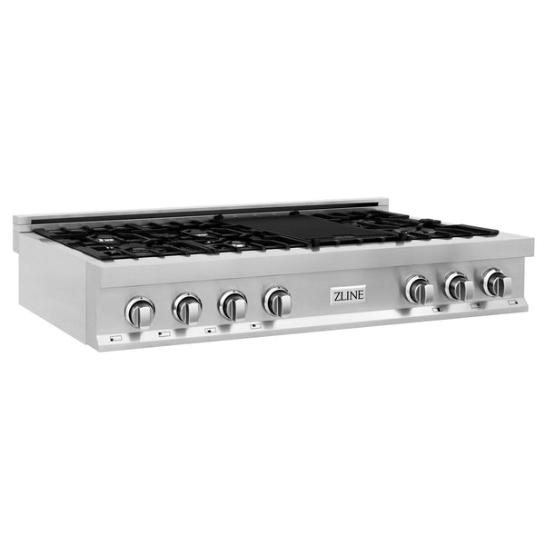 ZLINE 48" Porcelain Gas Stovetop - 7 Gas Burners and Griddle, Available with Brass Burners