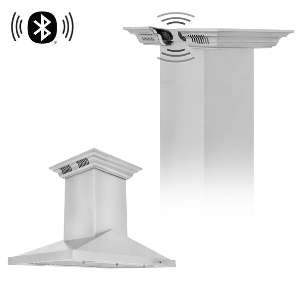 ZLINE Ducted Vent Island Mount Range Hood - Stainless Steel with Built in ZLINE CrownSound Bluetooth Speakers