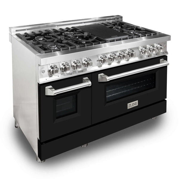 ZLINE 48" Dual Fuel Range - Stainless Steel with Black Matte Door, Gas Stove, and Electric Oven