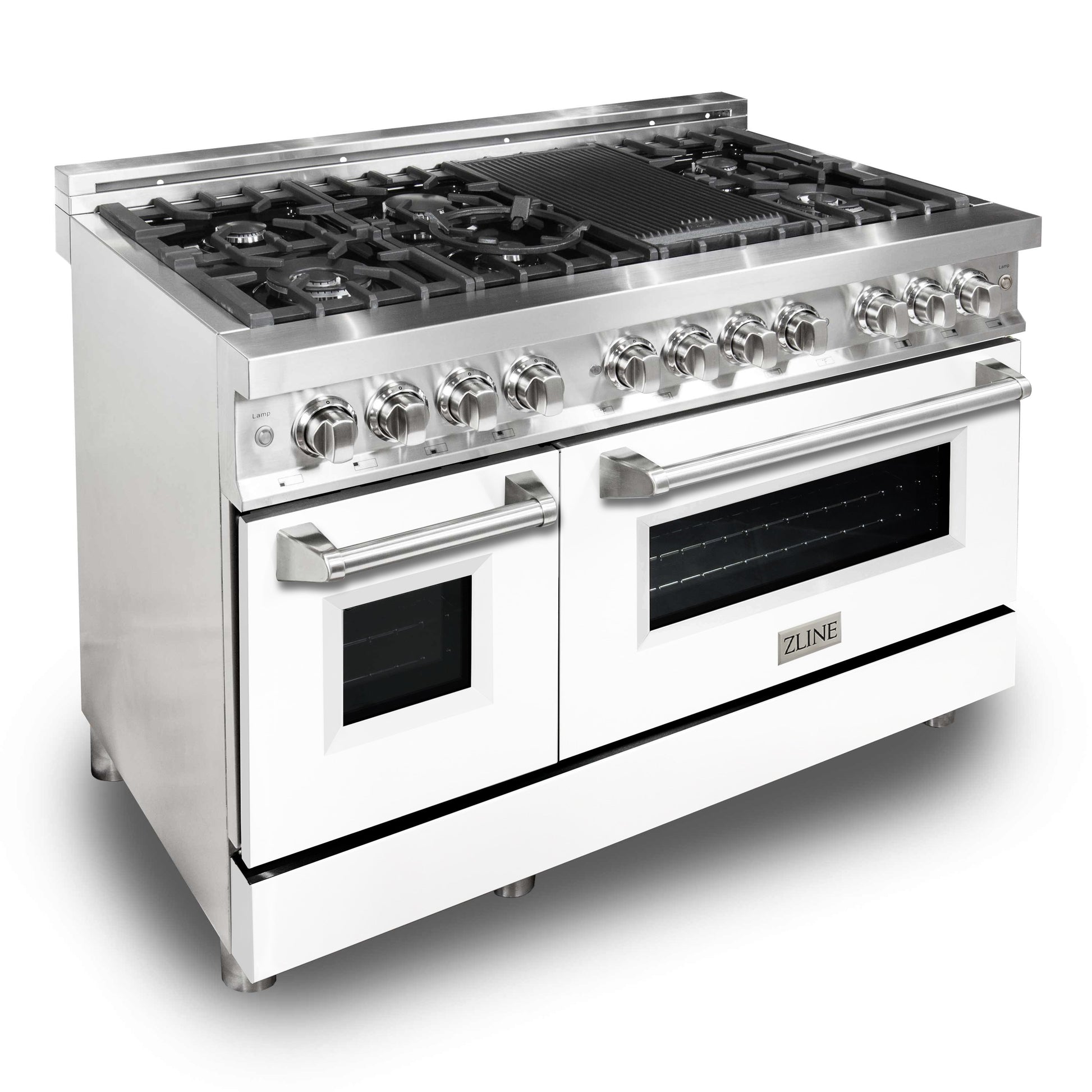 ZLINE 48" Dual Fuel Range with Electric Oven and Gas Cooktop with Griddle - Stainless Steel with Matte White Door