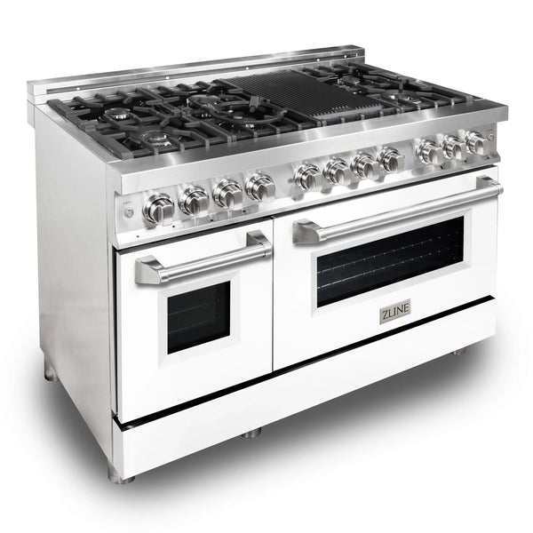 ZLINE 48" Dual Fuel Range - Stainless Steel with White Matte Door, Gas Stove, and Electric Oven