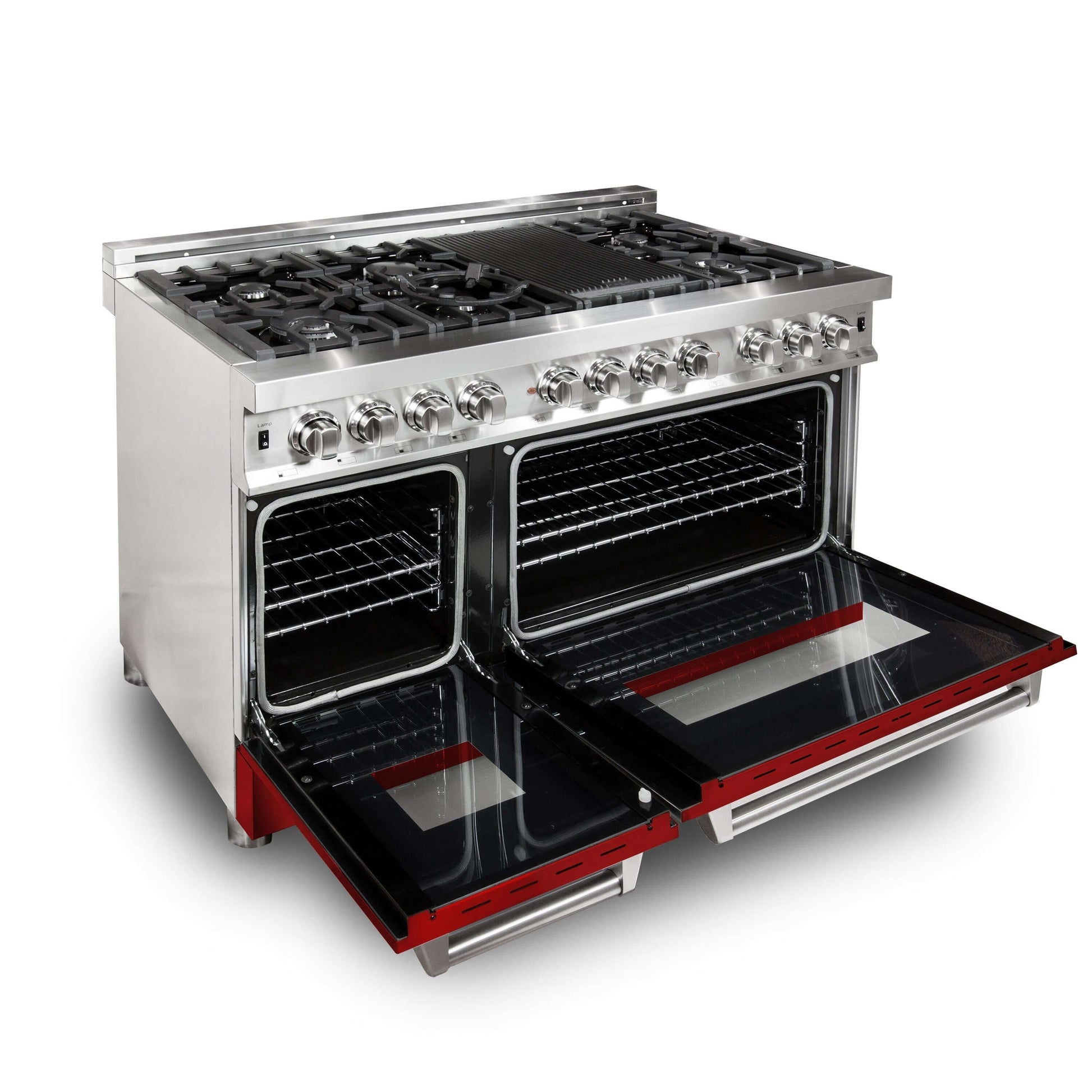 ZLINE 2-Appliance 48" Kitchen Package with Stainless Steel Dual Fuel Range with Glossy Red Door and Convertible Vent Range Hood