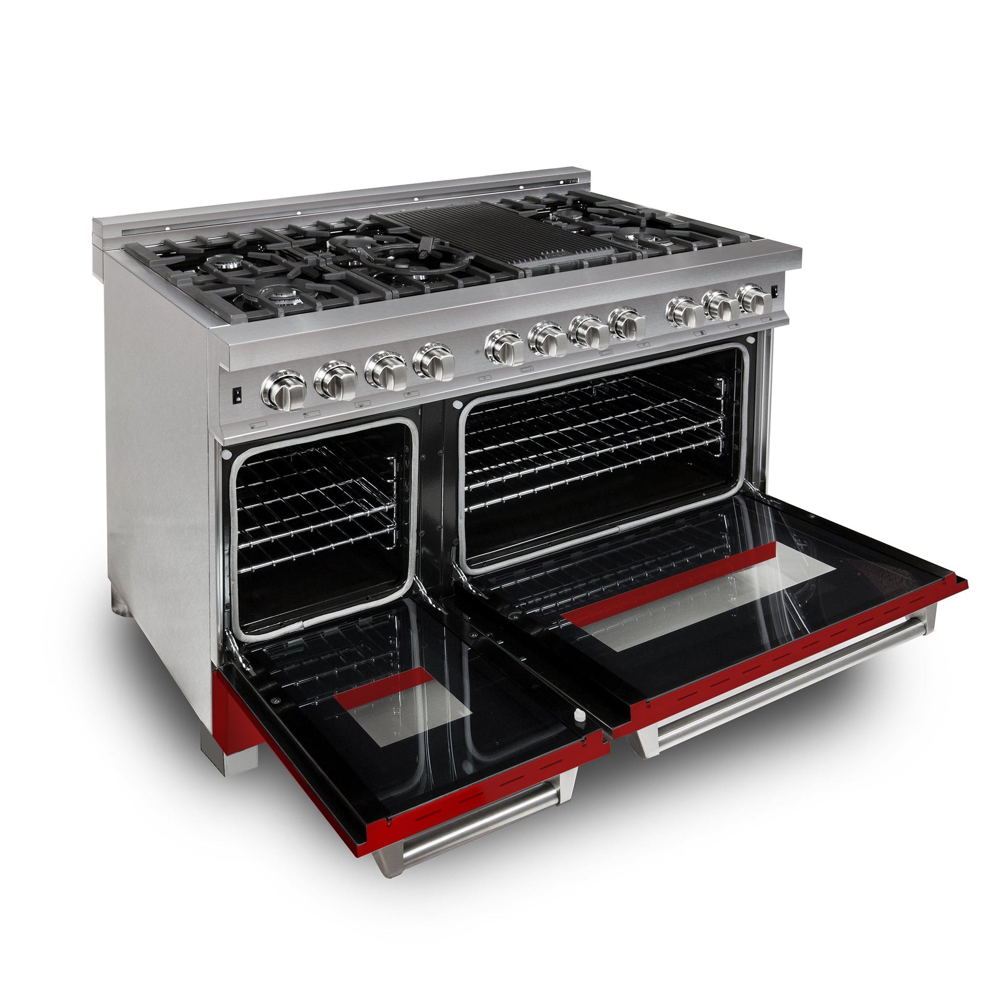 ZLINE 2-Appliance 48" Kitchen Package with DuraSnow Stainless Steel Dual Fuel Range with Matte Red Door and Convertible Vent Range Hood
