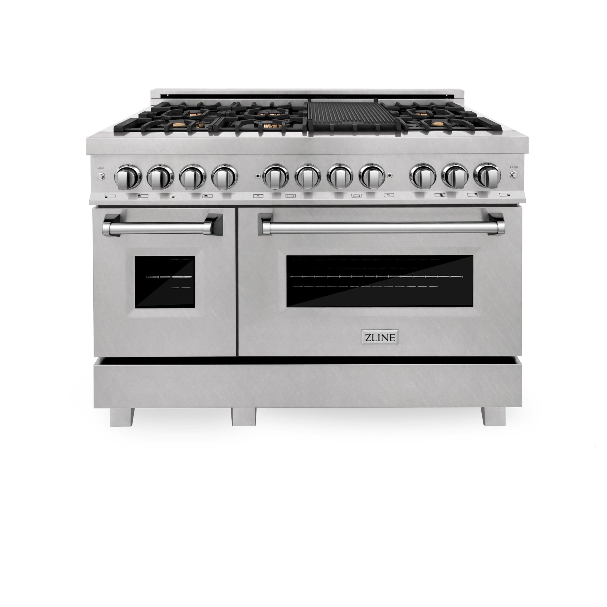ZLINE 48" Dual Fuel Range with Electric Oven and Gas Cooktop - Fingerprint Resistant Stainless Steel, Brass Burners, Griddle